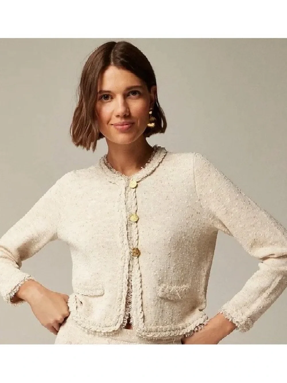 J.CREW Marled Fringe-Trim Sweater Lady Jacket & Mini Skirt Set Heather Sand S